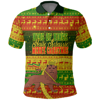 Ethiopia Haile Selassie Christmas Polo Shirt King Of Kings Lion Of Judah Ugly Pattern Holiday