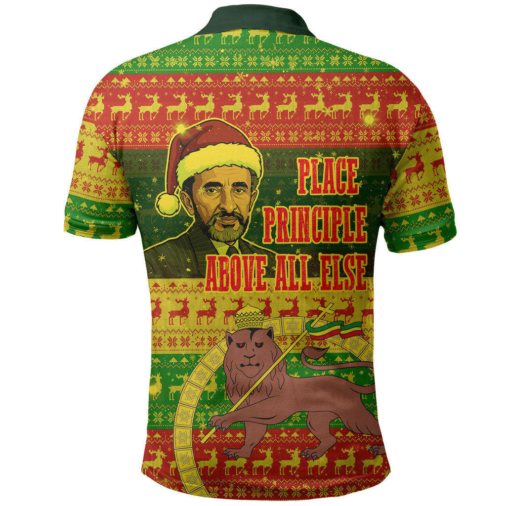 Ethiopia Haile Selassie Christmas Polo Shirt King Of Kings Lion Of Judah Ugly Pattern Holiday