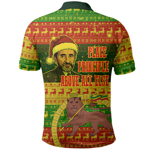 Ethiopia Haile Selassie Christmas Polo Shirt King Of Kings Lion Of Judah Ugly Pattern Holiday