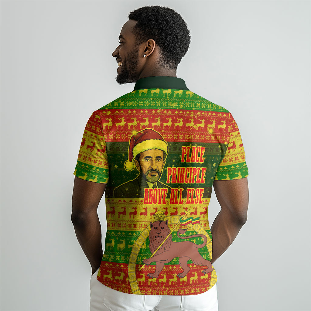 Ethiopia Haile Selassie Christmas Polo Shirt King Of Kings Lion Of Judah Ugly Pattern Holiday
