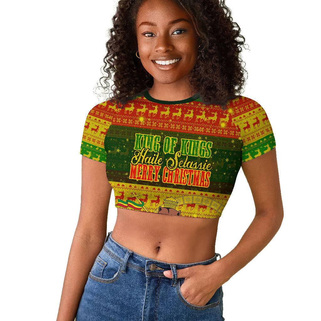 Ethiopia Haile Selassie Christmas Raglan Cropped T shirt King Of Kings Lion Of Judah Ugly Pattern Holiday