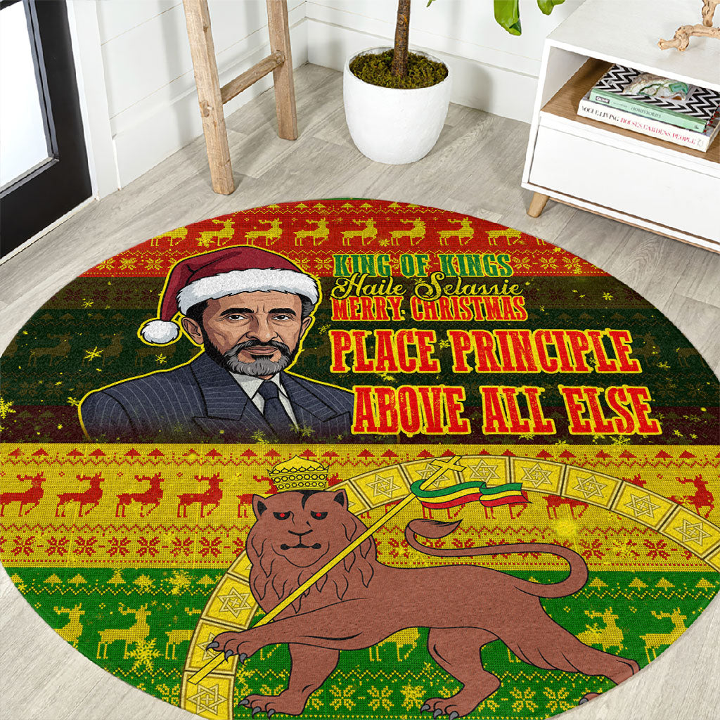 Ethiopia Haile Selassie Christmas Round Carpet King Of Kings Lion Of Judah Ugly Pattern Holiday