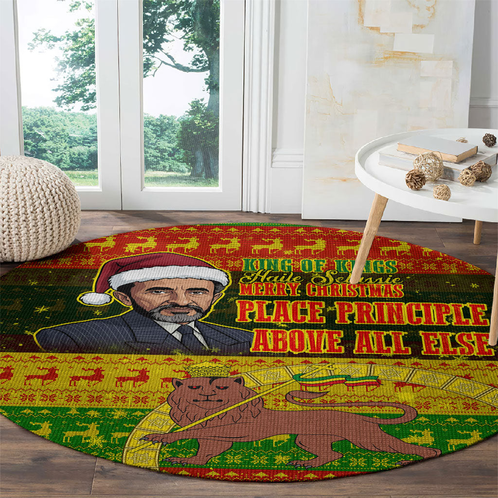 Ethiopia Haile Selassie Christmas Round Carpet King Of Kings Lion Of Judah Ugly Pattern Holiday