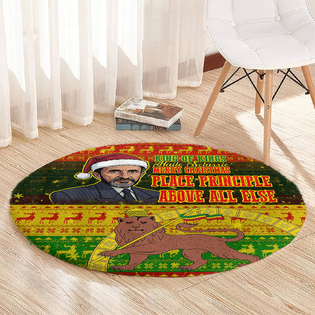 Ethiopia Haile Selassie Christmas Round Carpet King Of Kings Lion Of Judah Ugly Pattern Holiday
