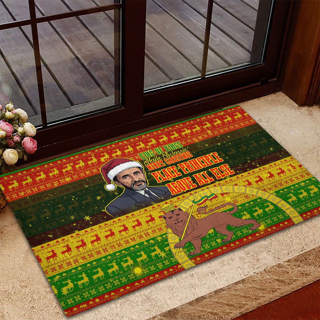 Ethiopia Haile Selassie Christmas Rubber Doormat King Of Kings Lion Of Judah Ugly Pattern Holiday