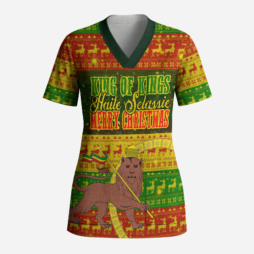 Ethiopia Haile Selassie Christmas Scrub Top King Of Kings Lion Of Judah Ugly Pattern Holiday