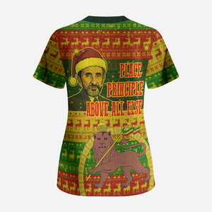Ethiopia Haile Selassie Christmas Scrub Top King Of Kings Lion Of Judah Ugly Pattern Holiday