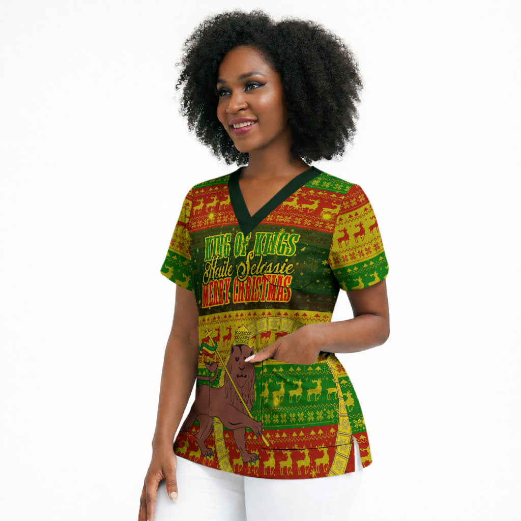 Ethiopia Haile Selassie Christmas Scrub Top King Of Kings Lion Of Judah Ugly Pattern Holiday