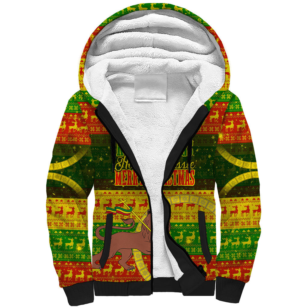 Ethiopia Haile Selassie Christmas Sherpa Hoodie King Of Kings Lion Of Judah Ugly Pattern Holiday
