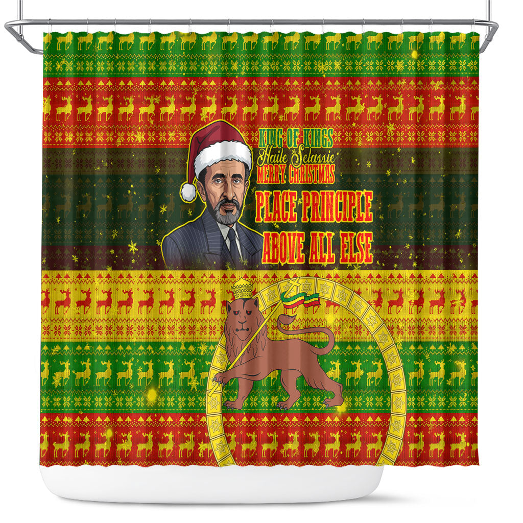 Ethiopia Haile Selassie Christmas Shower Curtain King Of Kings Lion Of Judah Ugly Pattern Holiday