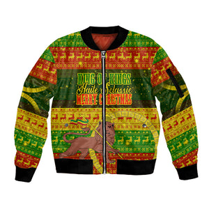 Ethiopia Haile Selassie Christmas Sleeve Zip Bomber Jacket King Of Kings Lion Of Judah Ugly Pattern Holiday