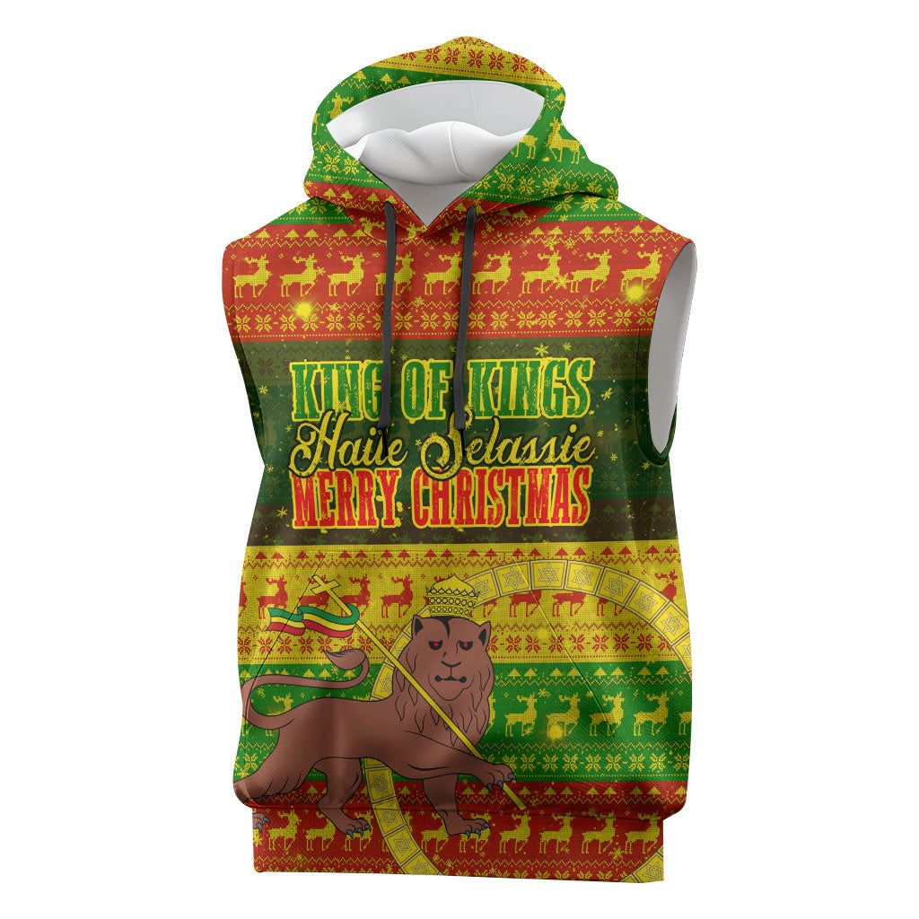 Ethiopia Haile Selassie Christmas Sleeveless Hoodie King Of Kings Lion Of Judah Ugly Pattern Holiday
