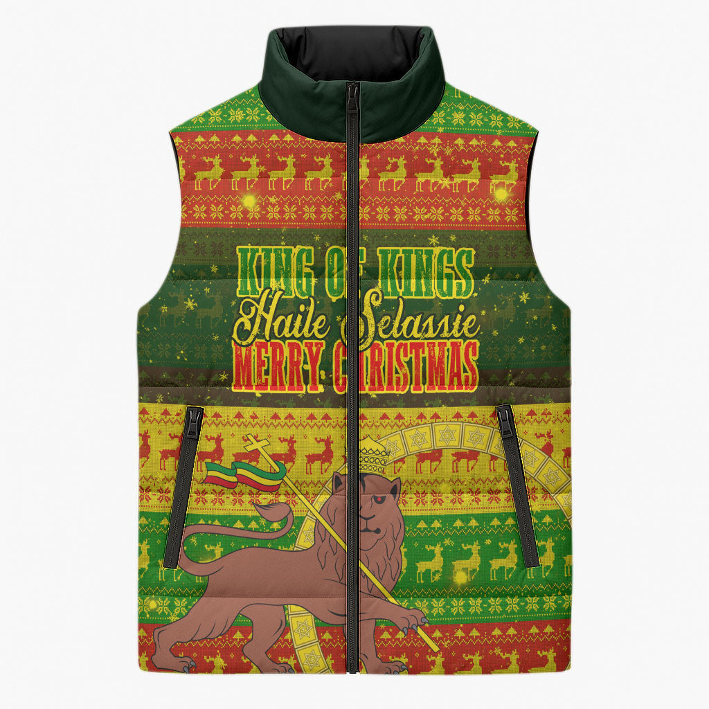 Ethiopia Haile Selassie Christmas Sleeveless Puffer Jacket King Of Kings Lion Of Judah Ugly Pattern Holiday