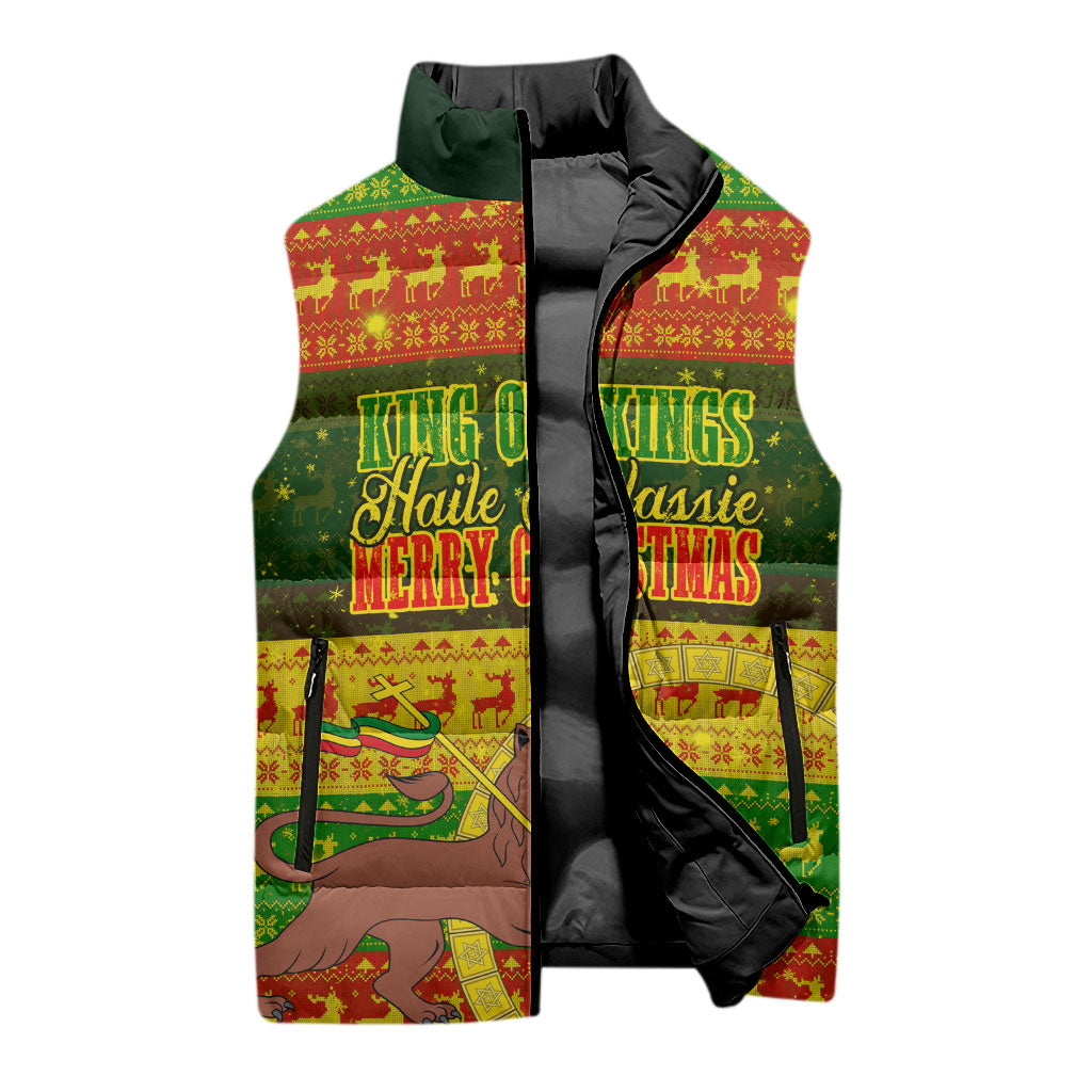 Ethiopia Haile Selassie Christmas Sleeveless Puffer Jacket King Of Kings Lion Of Judah Ugly Pattern Holiday