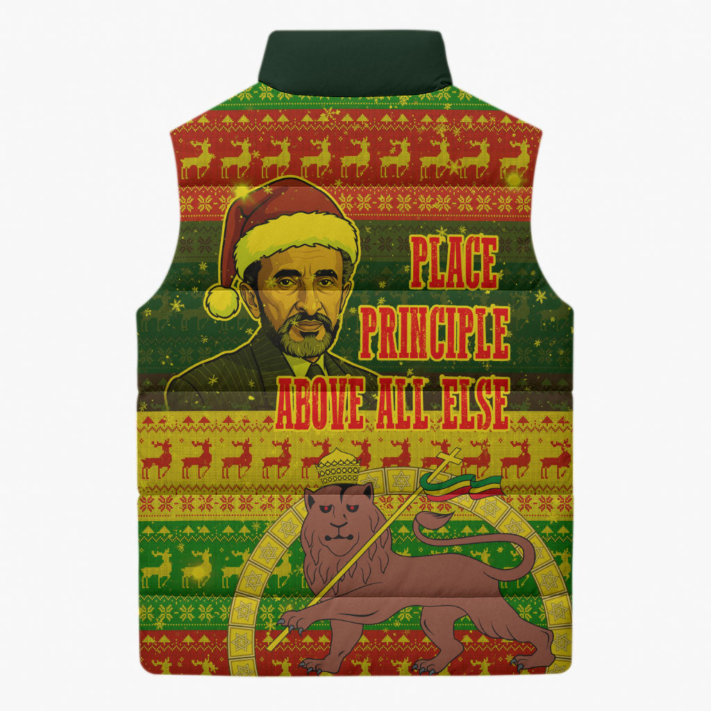 Ethiopia Haile Selassie Christmas Sleeveless Puffer Jacket King Of Kings Lion Of Judah Ugly Pattern Holiday