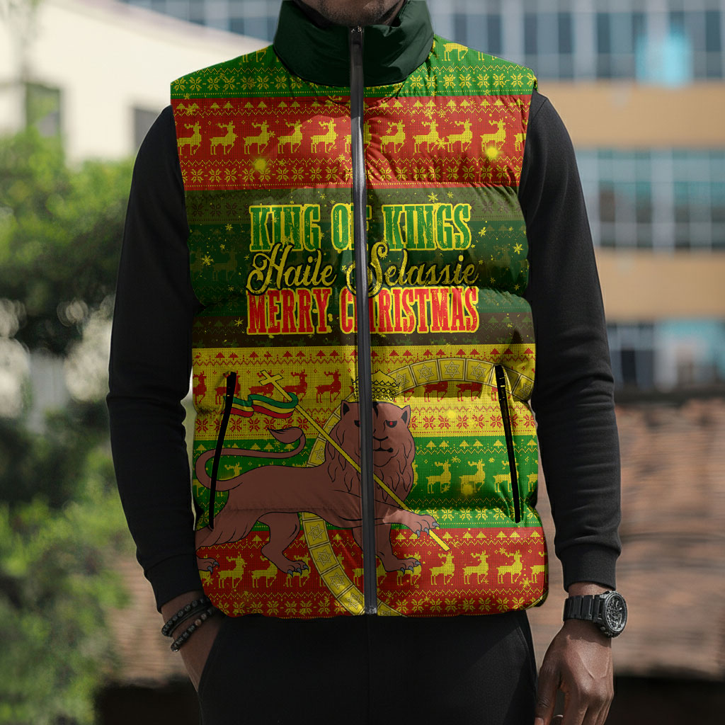Ethiopia Haile Selassie Christmas Sleeveless Puffer Jacket King Of Kings Lion Of Judah Ugly Pattern Holiday