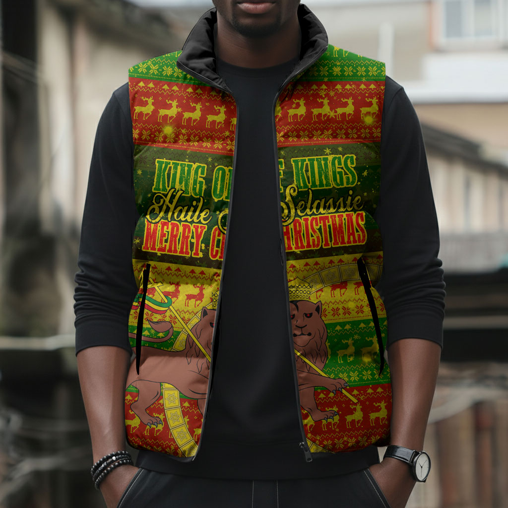 Ethiopia Haile Selassie Christmas Sleeveless Puffer Jacket King Of Kings Lion Of Judah Ugly Pattern Holiday