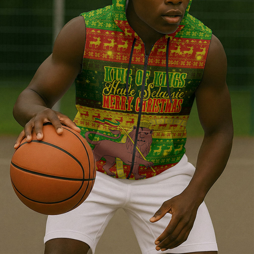 Ethiopia Haile Selassie Christmas Sleeveless Zip Hoodie King Of Kings Lion Of Judah Ugly Pattern Holiday