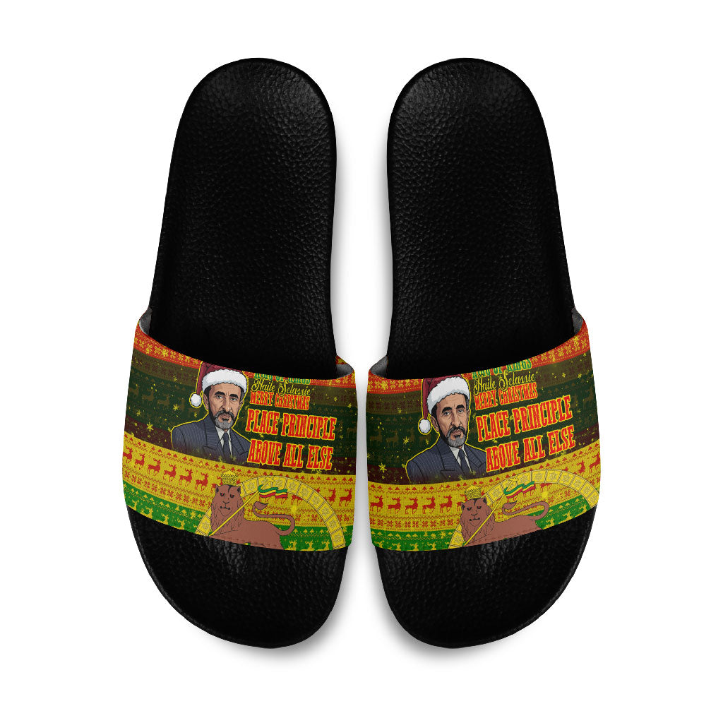 Ethiopia Haile Selassie Christmas Slide Sandals King Of Kings Lion Of Judah Ugly Pattern Holiday