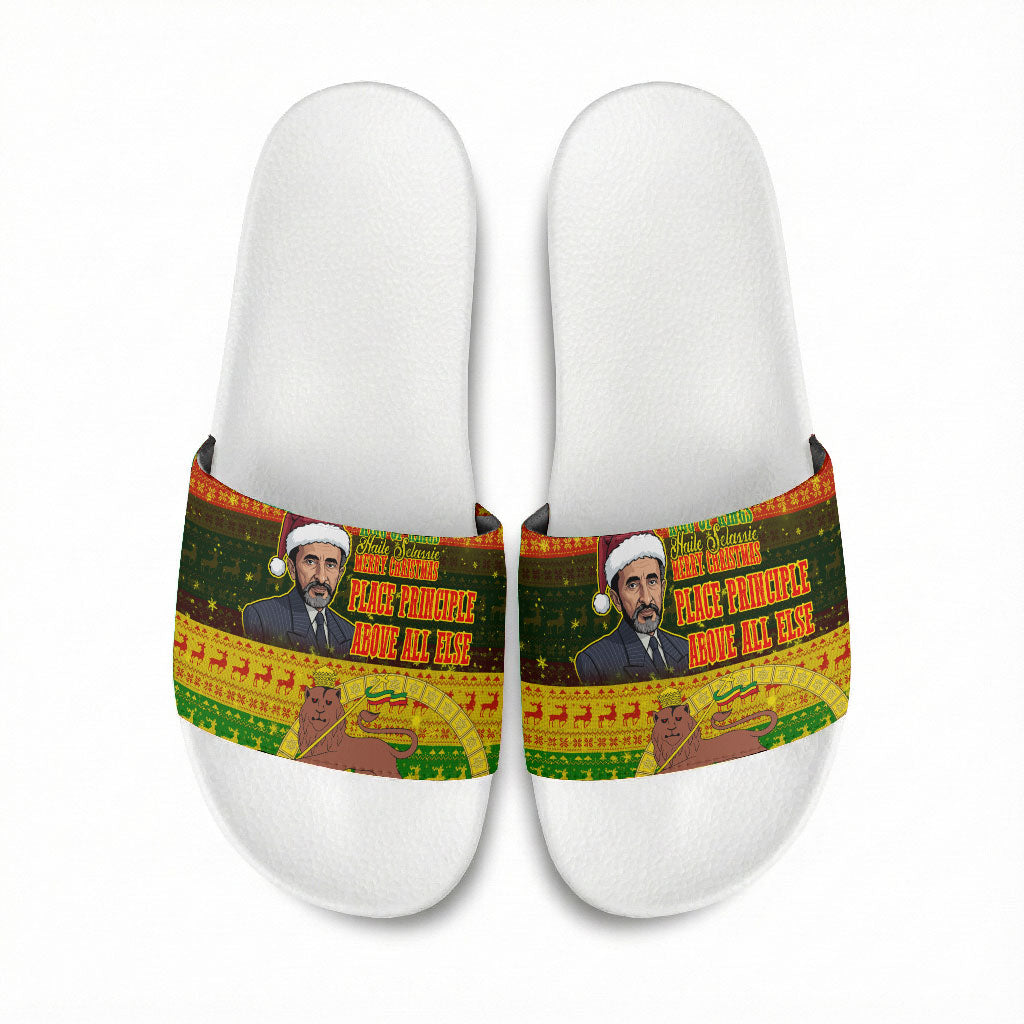 Ethiopia Haile Selassie Christmas Slide Sandals King Of Kings Lion Of Judah Ugly Pattern Holiday