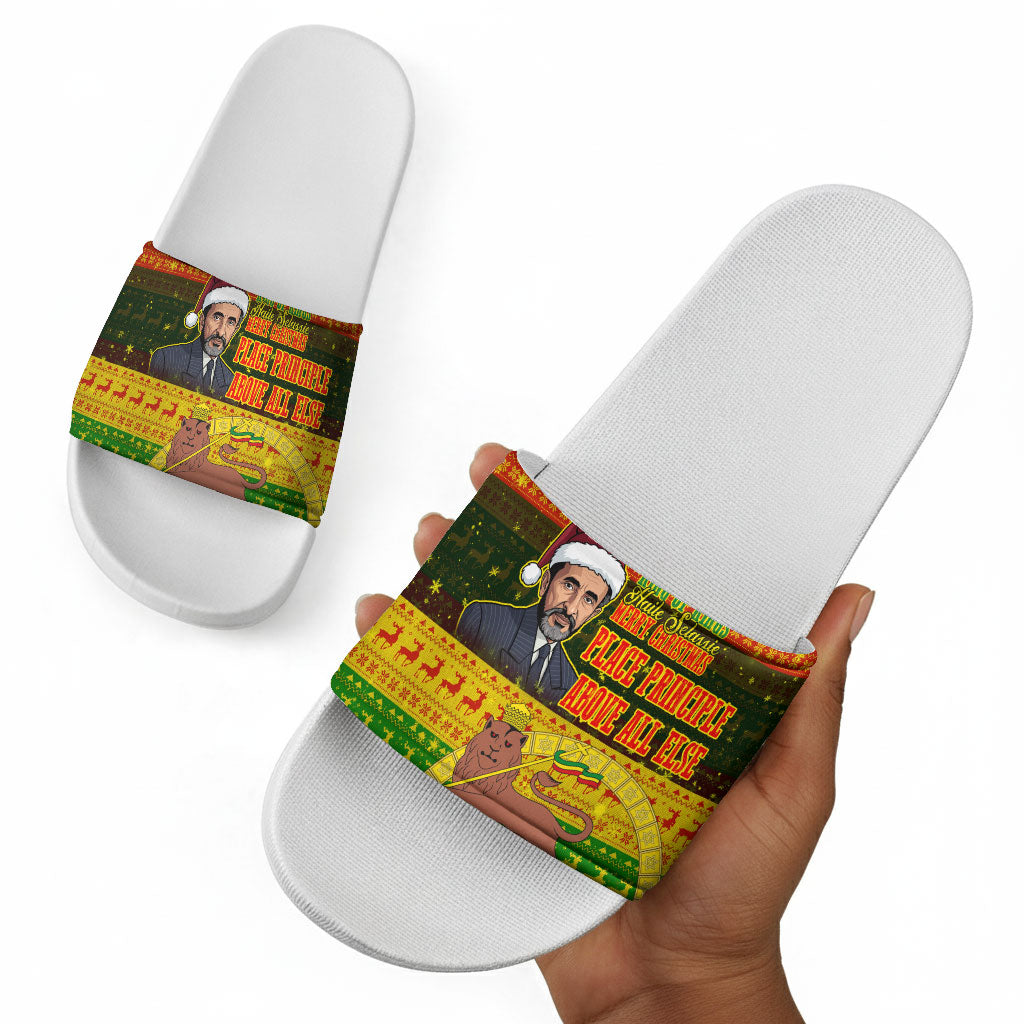 Ethiopia Haile Selassie Christmas Slide Sandals King Of Kings Lion Of Judah Ugly Pattern Holiday