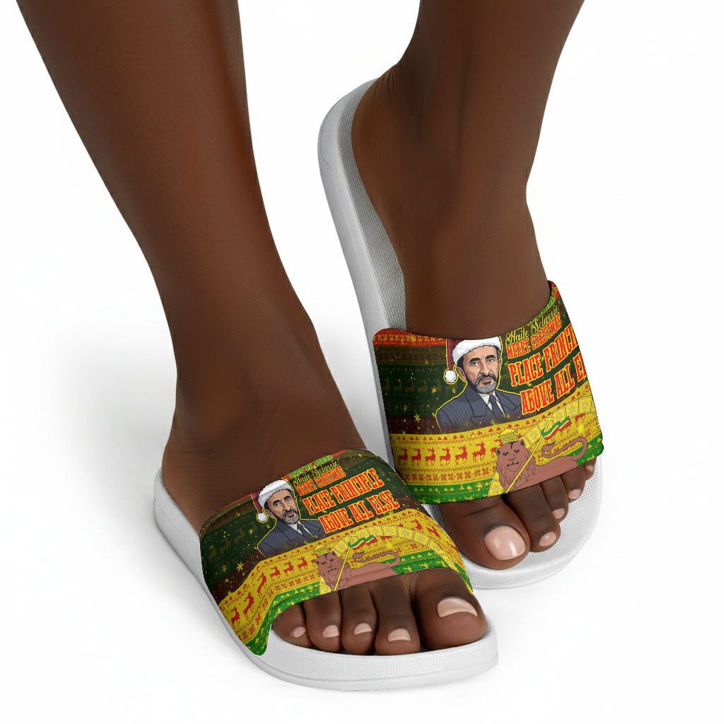 Ethiopia Haile Selassie Christmas Slide Sandals King Of Kings Lion Of Judah Ugly Pattern Holiday