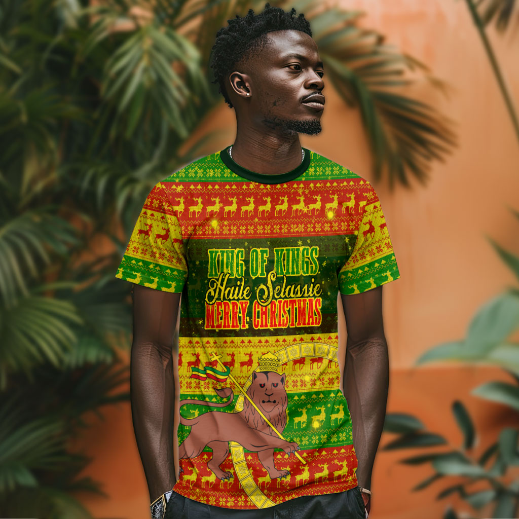 Ethiopia Haile Selassie Christmas T shirt King Of Kings Lion Of Judah Ugly Pattern Holiday