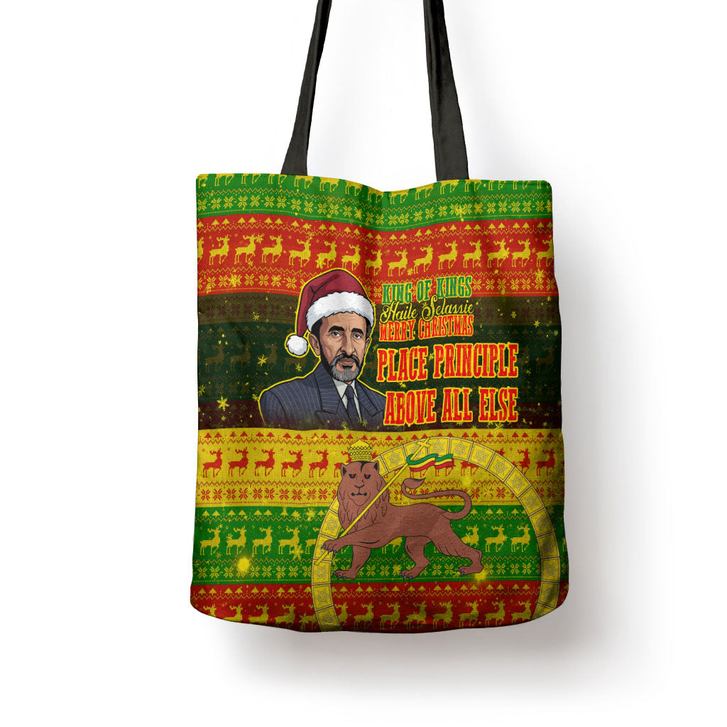 Ethiopia Haile Selassie Christmas Tote Bag King Of Kings Lion Of Judah Ugly Pattern Holiday