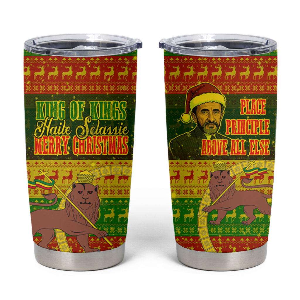 Ethiopia Haile Selassie Christmas Tumbler Cup King Of Kings Lion Of Judah Ugly Pattern Holiday