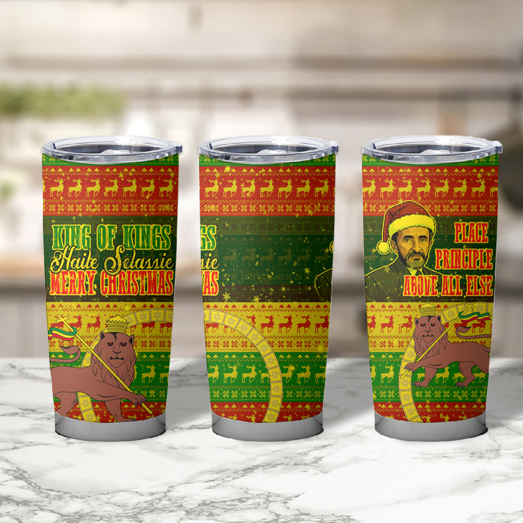Ethiopia Haile Selassie Christmas Tumbler Cup King Of Kings Lion Of Judah Ugly Pattern Holiday