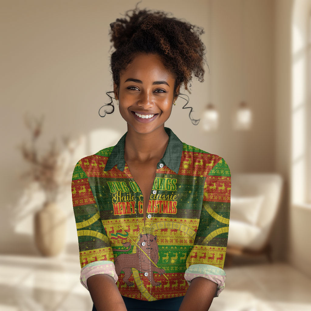 Ethiopia Haile Selassie Christmas Women Casual Shirt King Of Kings Lion Of Judah Ugly Pattern Holiday