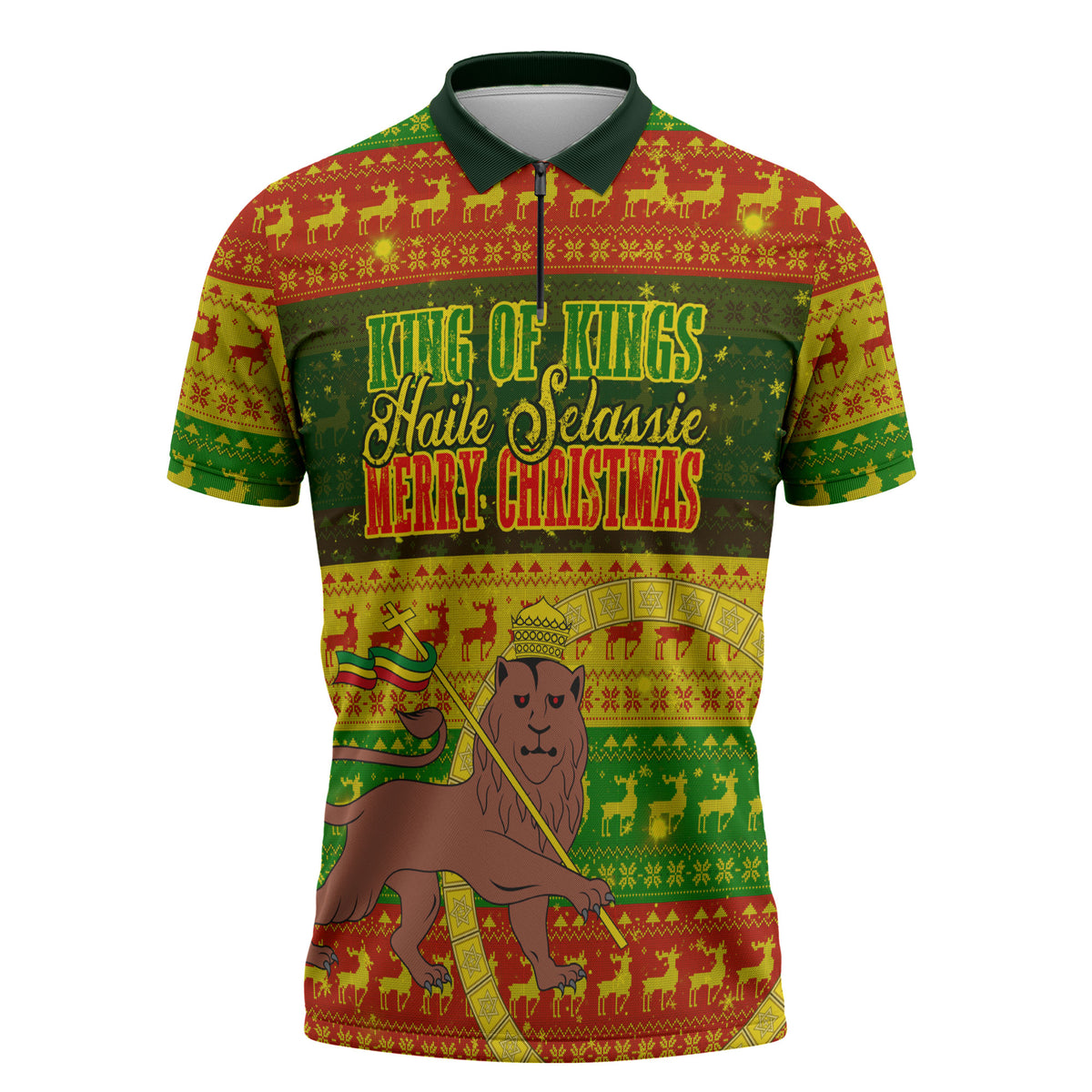 Ethiopia Haile Selassie Christmas Zipper Polo Shirt King Of Kings Lion Of Judah Ugly Pattern Holiday