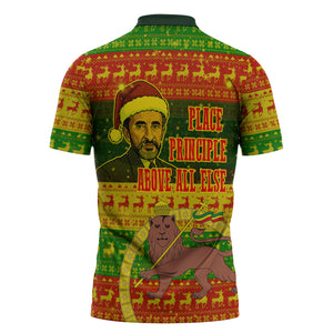 Ethiopia Haile Selassie Christmas Zipper Polo Shirt King Of Kings Lion Of Judah Ugly Pattern Holiday