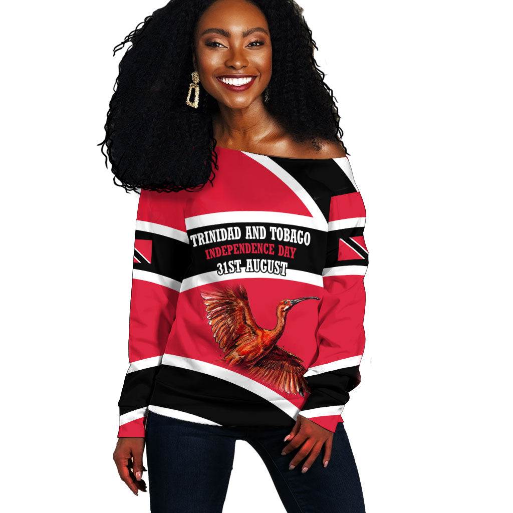 Trinidad And Tobago Independence Day Scarlet Ibis Off Shoulder Sweater Steelpan Heritage National Flag