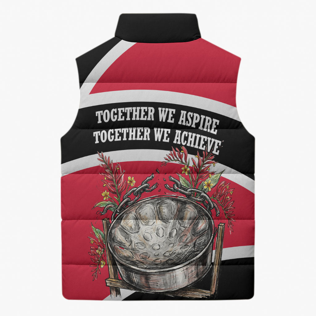 Trinidad And Tobago Independence Day Scarlet Ibis Sleeveless Puffer Jacket Steelpan Heritage National Flag
