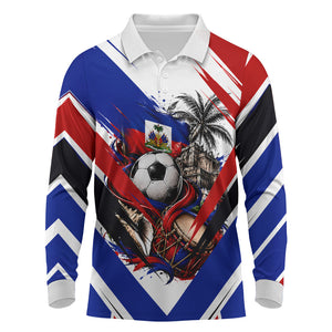 Haiti World Football Mondyal 2026 Long Sleeve Polo Shirt Pride Ayiti Caribbean Culture Patriotic Crest