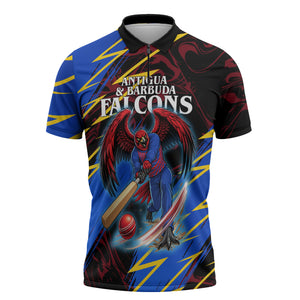 Personalized Antigua And Barbuda Cricket Zipper Polo Shirt Falcons Caribbean Lightning Abstract Graphic