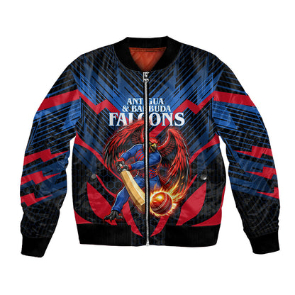 Personalized Antigua And Barbuda Cricket Falcons Bomber Jacket Abstract Hexagon Pattern Sport