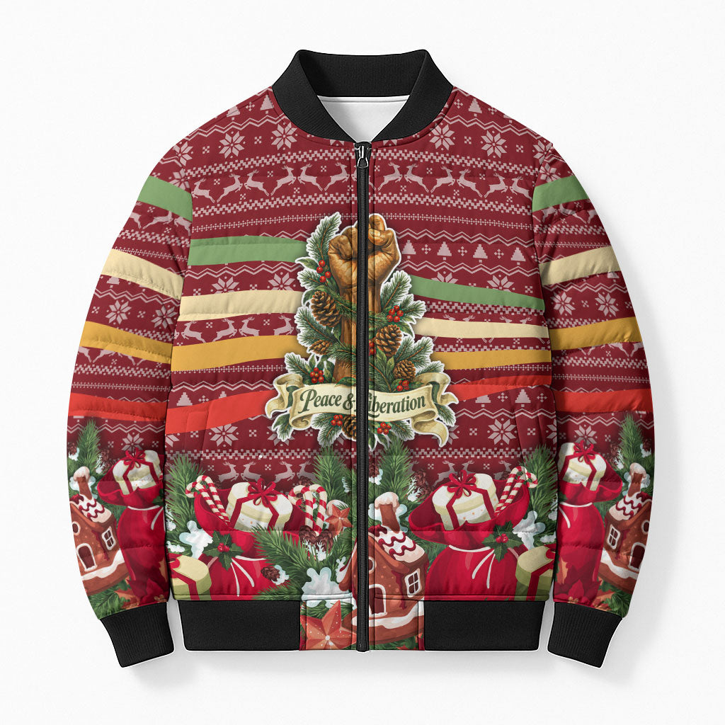 Malcolm X Peace And Liberation Christmas Bomber Puffer Jacket Pattern Pan African Colors Xmas Holiday