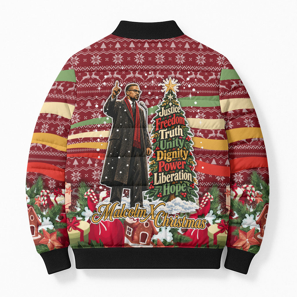Malcolm X Peace And Liberation Christmas Bomber Puffer Jacket Pattern Pan African Colors Xmas Holiday
