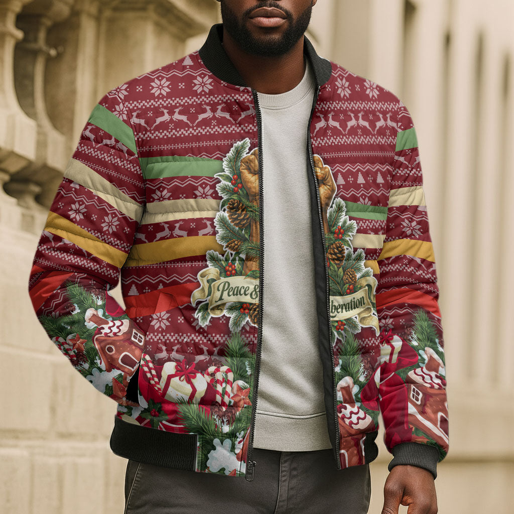 Malcolm X Peace And Liberation Christmas Bomber Puffer Jacket Pattern Pan African Colors Xmas Holiday