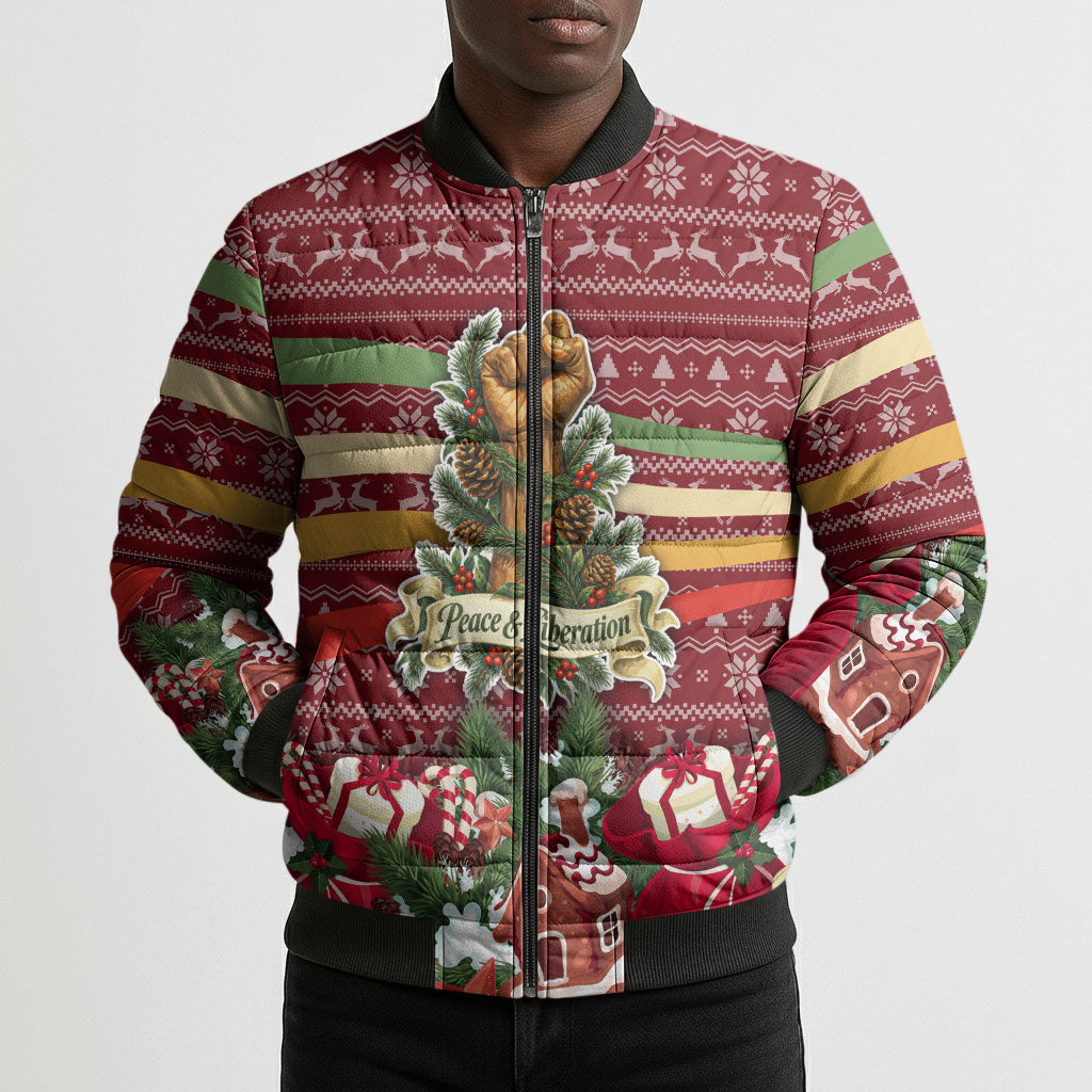 Malcolm X Peace And Liberation Christmas Bomber Puffer Jacket Pattern Pan African Colors Xmas Holiday
