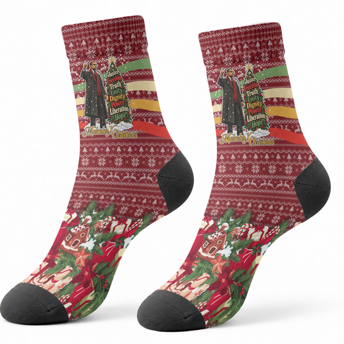 Malcolm X Peace And Liberation Christmas Crew Socks Pattern Pan African Colors Xmas Holiday