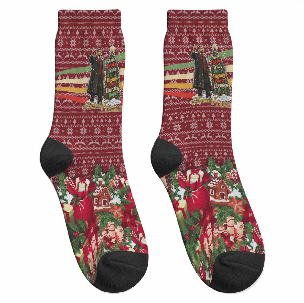 Malcolm X Peace And Liberation Christmas Crew Socks Pattern Pan African Colors Xmas Holiday
