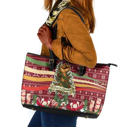 Malcolm X Peace And Liberation Christmas Leather Tote Bag Pattern Pan African Colors Xmas Holiday