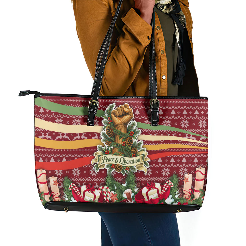 Malcolm X Peace And Liberation Christmas Leather Tote Bag Pattern Pan African Colors Xmas Holiday