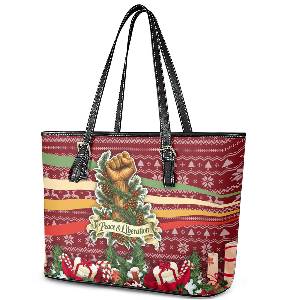 Malcolm X Peace And Liberation Christmas Leather Tote Bag Pattern Pan African Colors Xmas Holiday