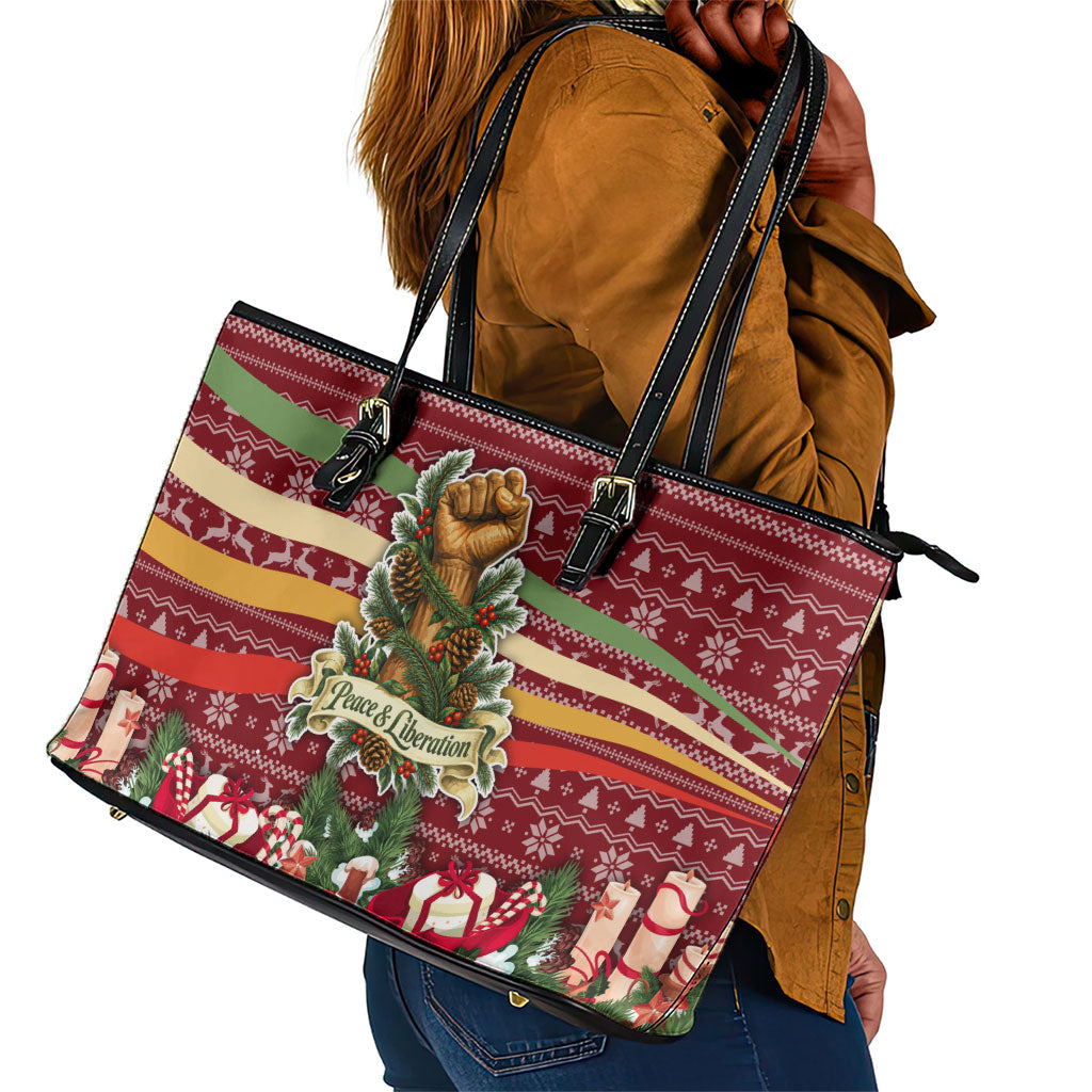Malcolm X Peace And Liberation Christmas Leather Tote Bag Pattern Pan African Colors Xmas Holiday