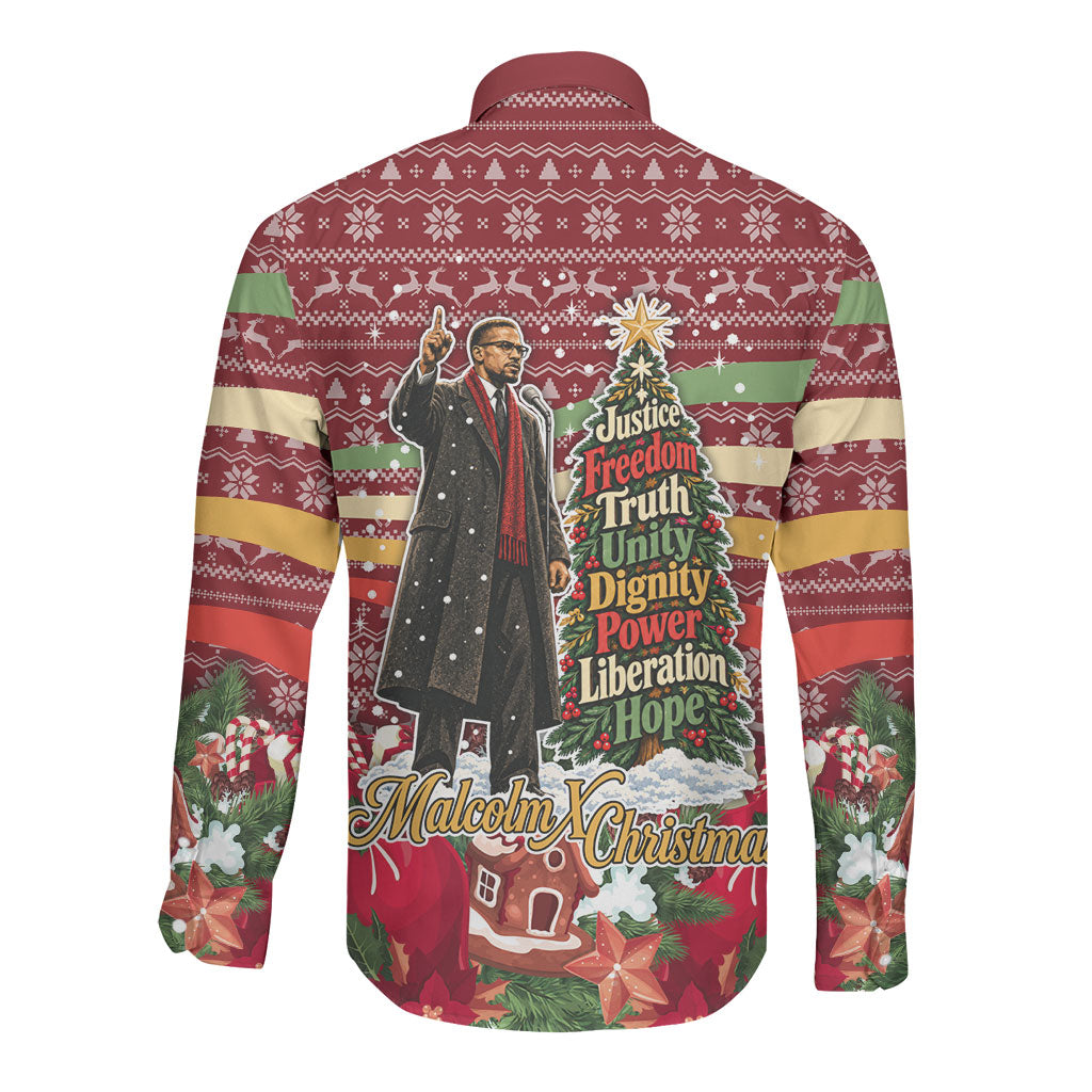 Malcolm X Peace And Liberation Christmas Long Sleeve Button Shirt Pattern Pan African Colors Xmas Holiday