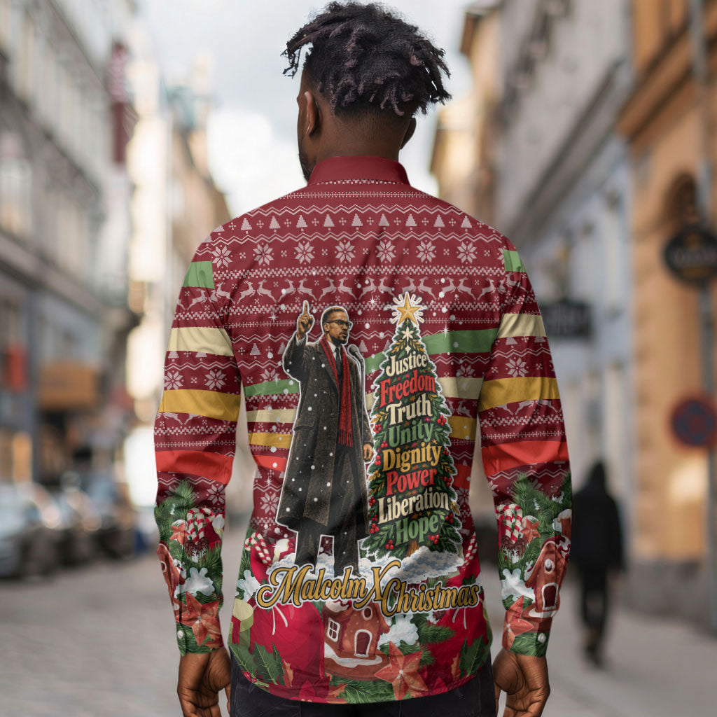 Malcolm X Peace And Liberation Christmas Long Sleeve Button Shirt Pattern Pan African Colors Xmas Holiday